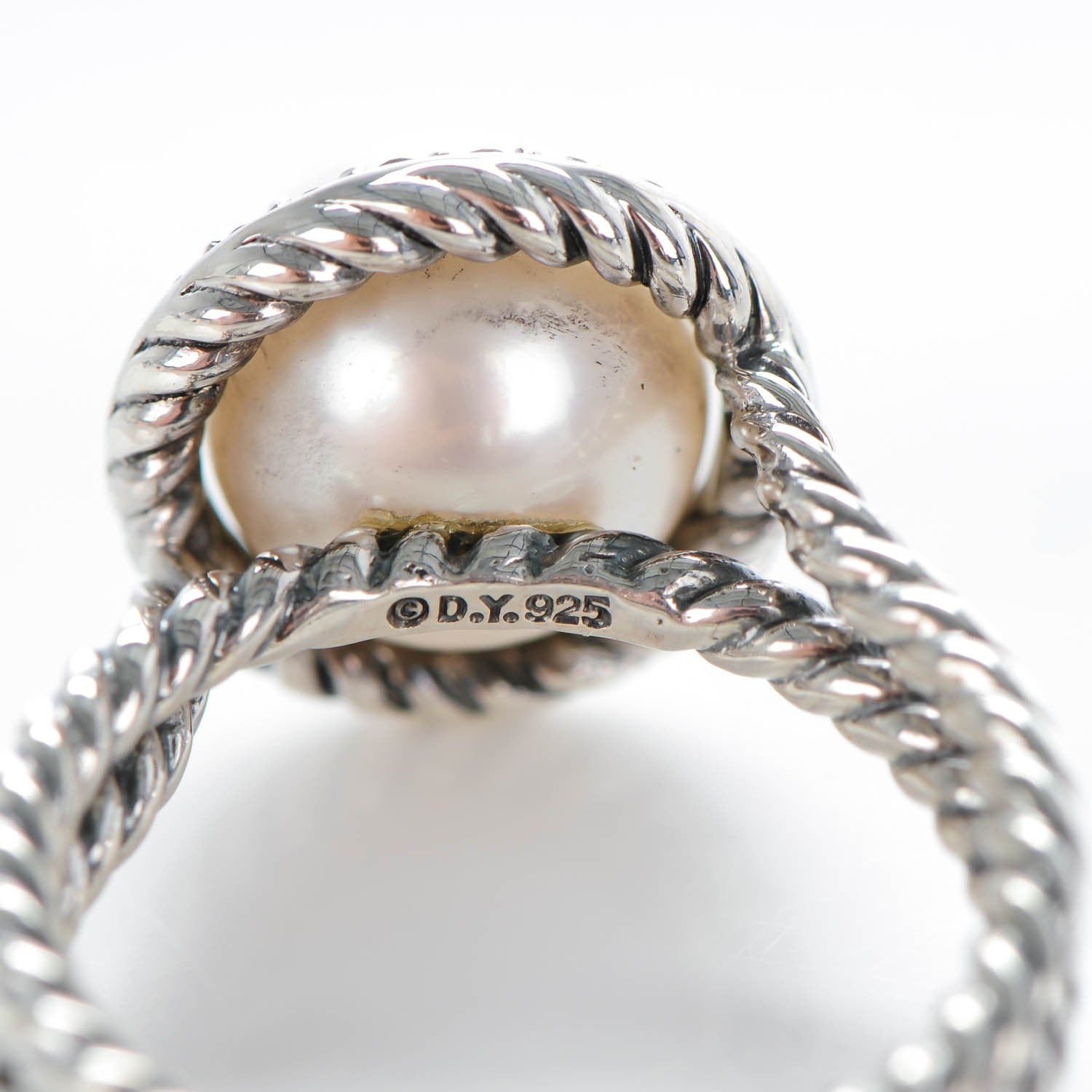David Yurman Sterling Silver Pave Diamond Pearl 13.5mm Cable Ring 51.5 6 5 of 6