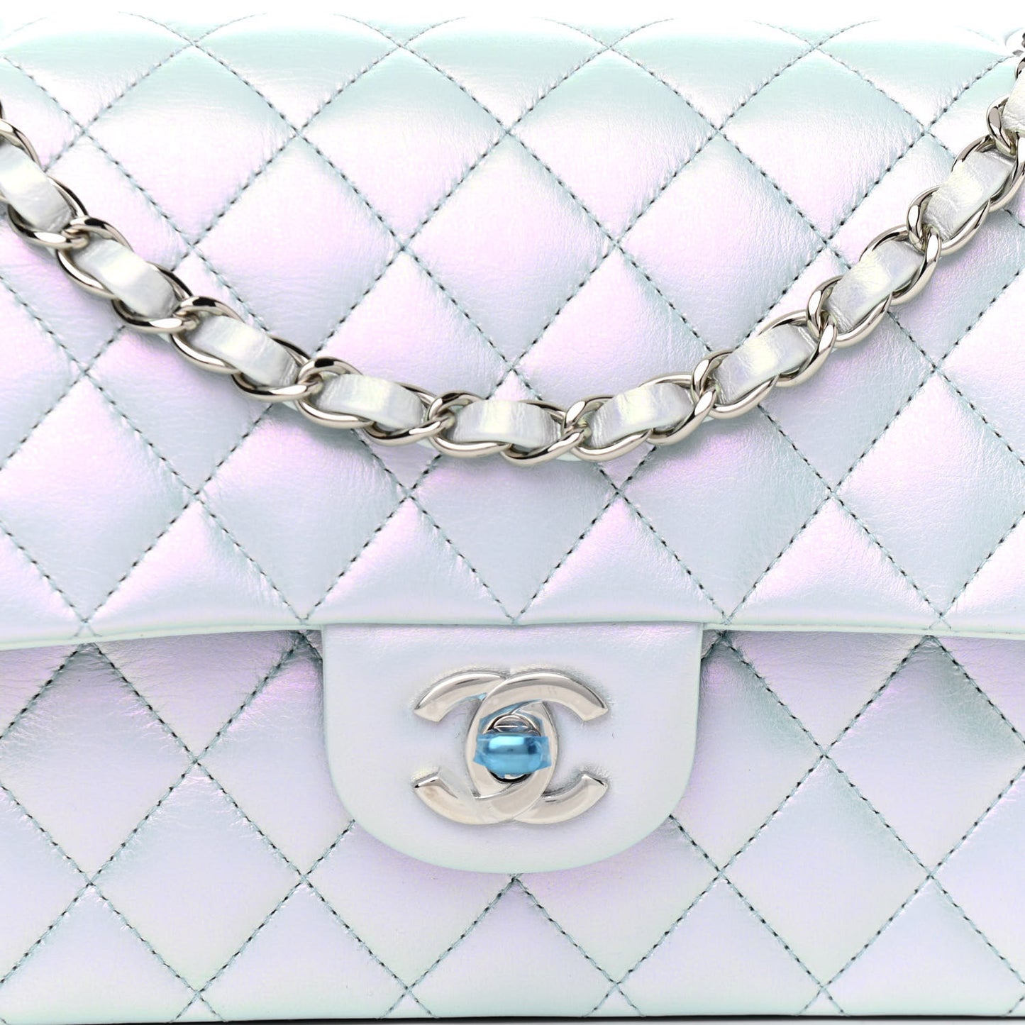 Iridescent Calfskin Quilted Medium Double Flap Light Blue