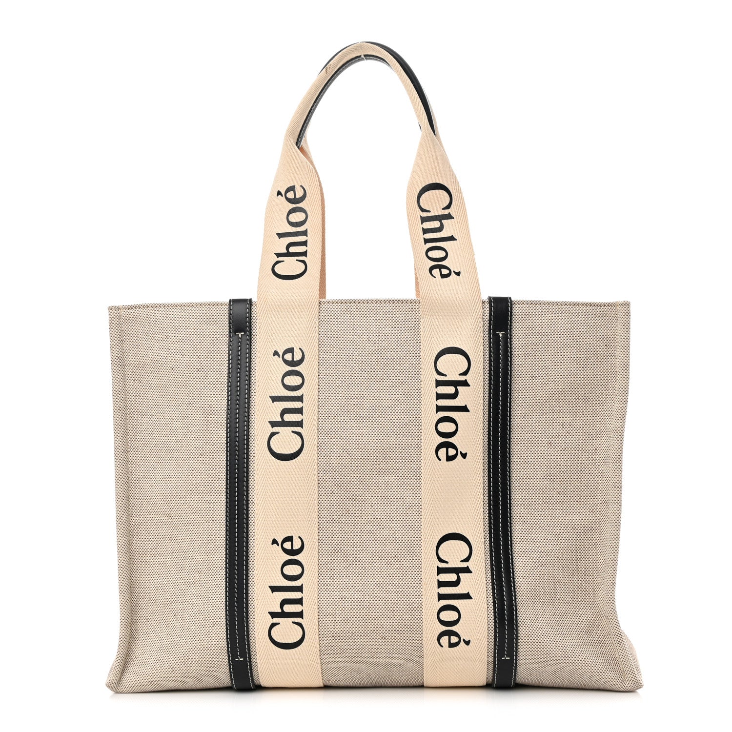 Chloe Cotton Calfskin Large Woody Ribbon Tote White Black 1 of 15