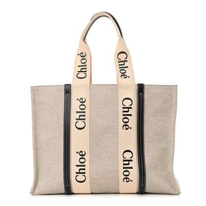 Chloe Cotton Calfskin Large Woody Ribbon Tote White Black 1 of 15