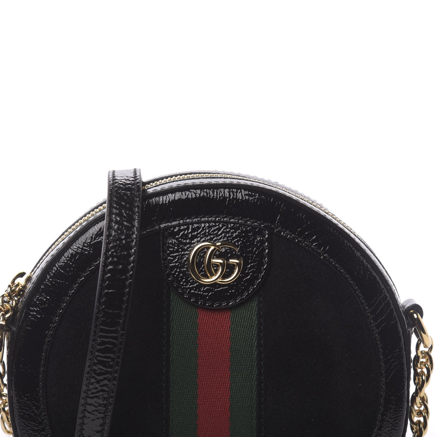 Suede Patent Web Mini Ophidia Round Shoulder Bag Black
