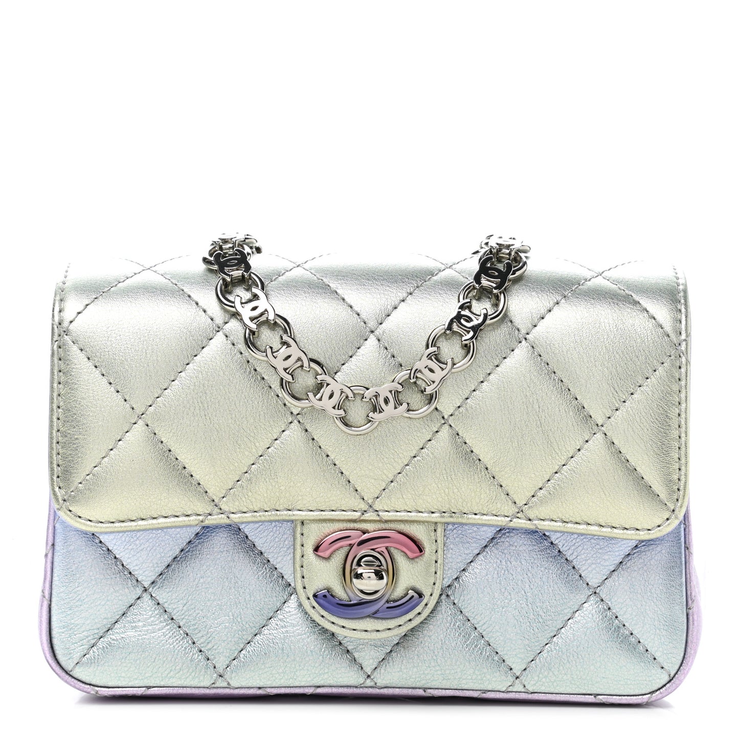 Gradient Metallic Calfskin Quilted Clutch Silver Blue Yellow Purple
