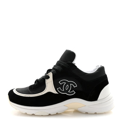 Chanel Fabric Calfskin Suede CC Sneakers 36.5 Black White 1 of 10