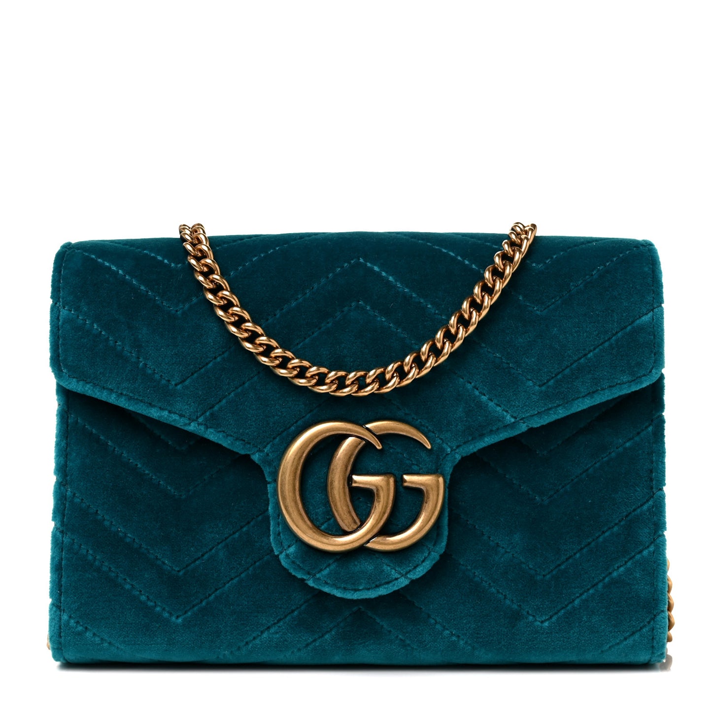 Velvet Matelasse GG Marmont Chain Wallet Pavone Cyan