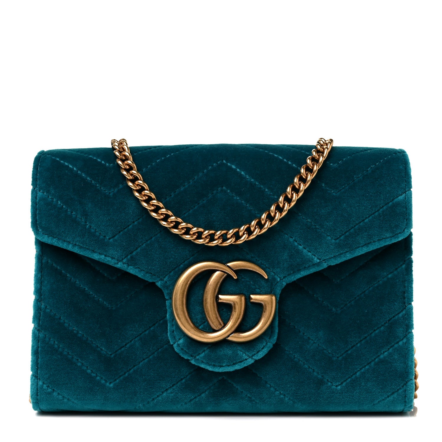 Gucci Velvet Matelasse GG Marmont Chain Wallet Pavone Cyan 1 of 8
