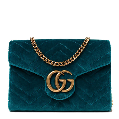 Gucci Velvet Matelasse GG Marmont Chain Wallet Pavone Cyan 1 of 8