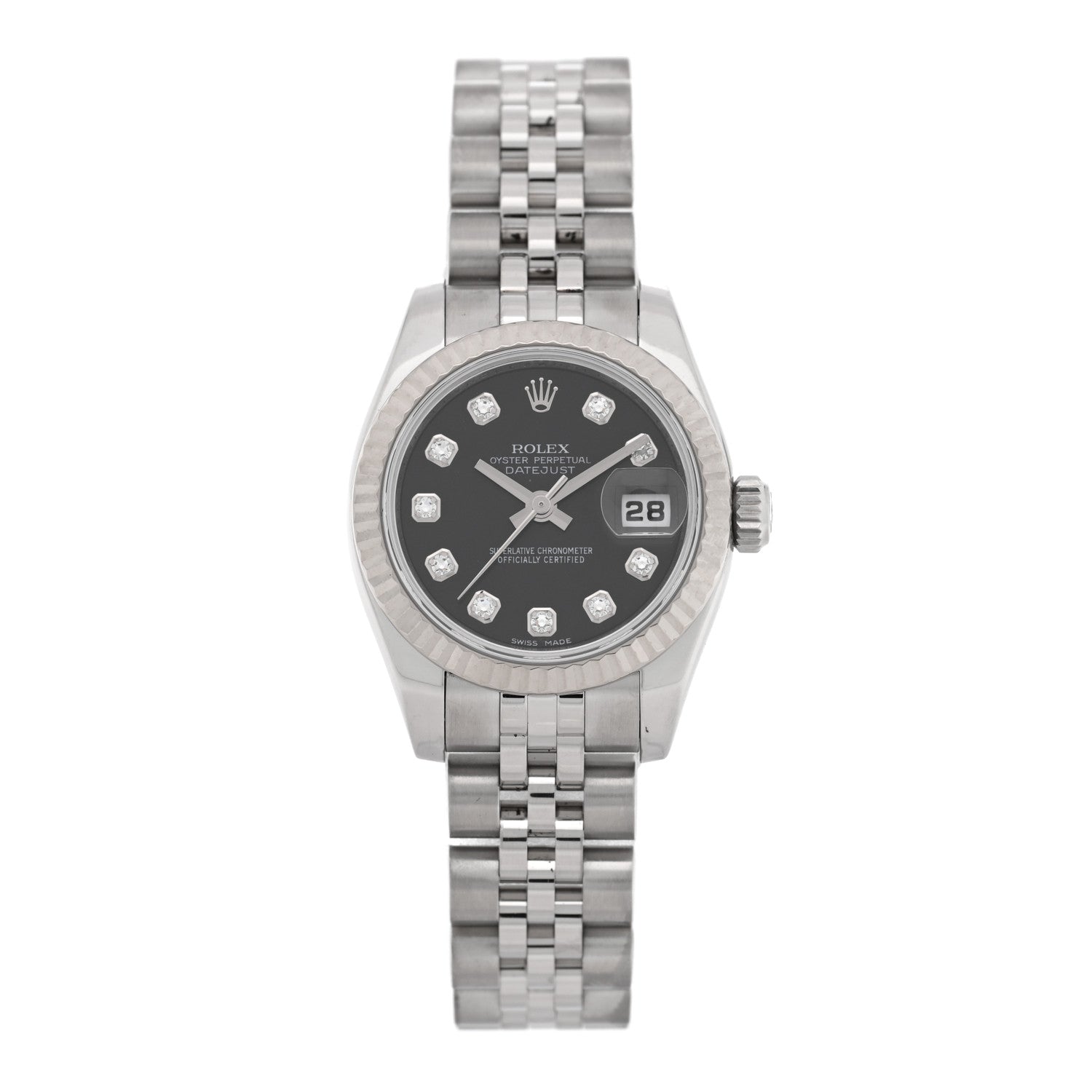 Rolex Stainless Steel 18K White Gold Diamond 26mm Oyster Perpetual Datejust Watch Black 179174 1 of 5