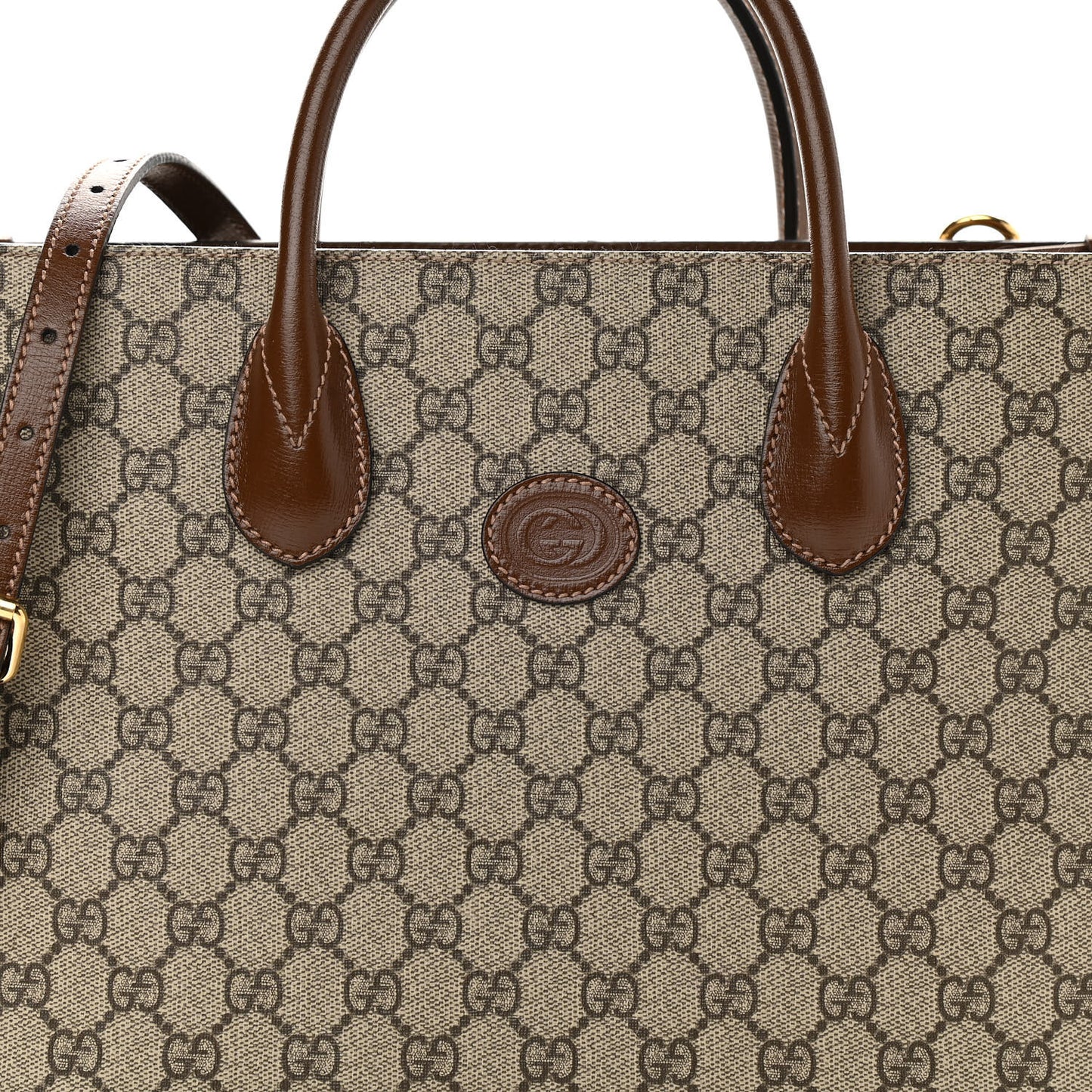 GG Supreme Monogram Azalea Calfskin Small Retro Interlocking G Tote Bag Beige Ebony Brown Sugar
