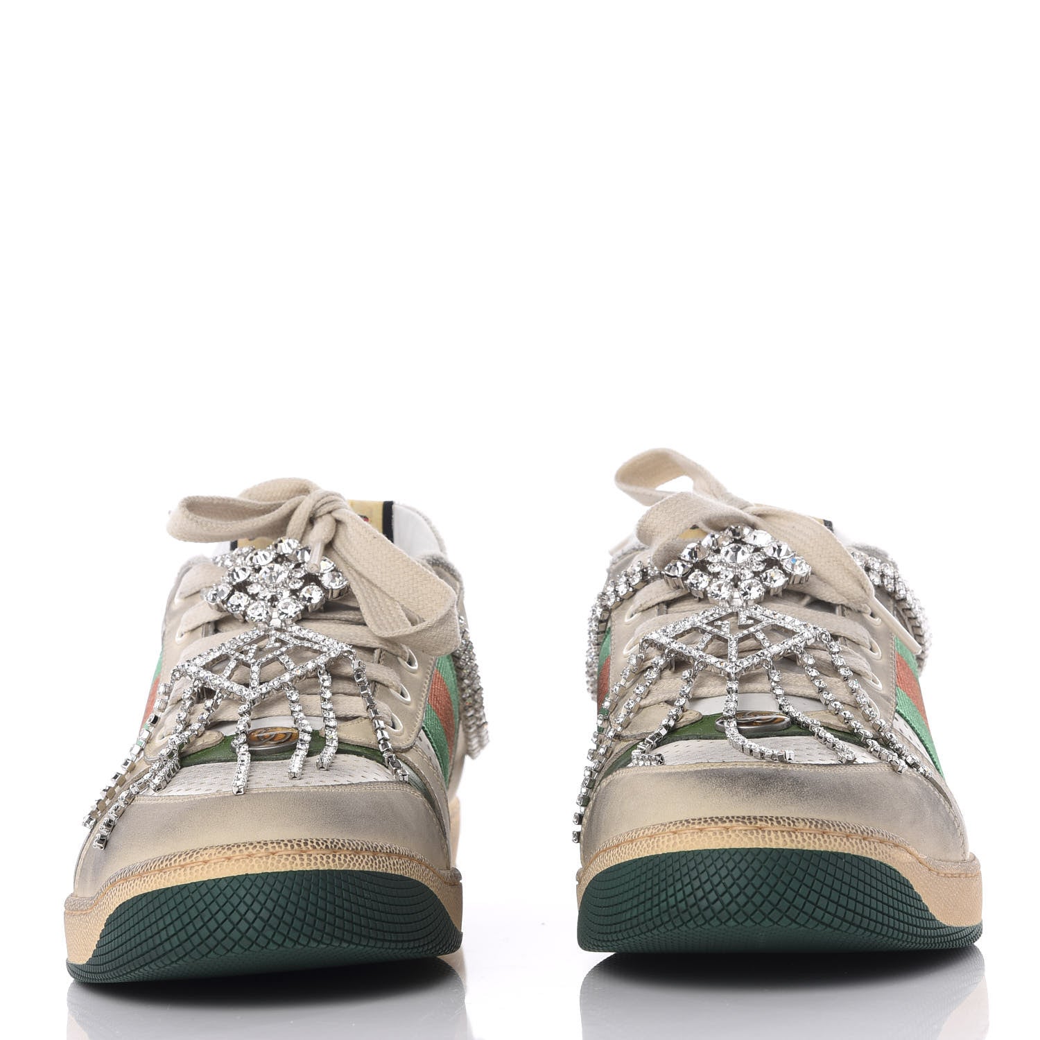 Gucci Nubuck Calfskin Web Removable Crystals Mens Screener Sneakers 8.5 Dusty Milk New Mystic White 2 of 11