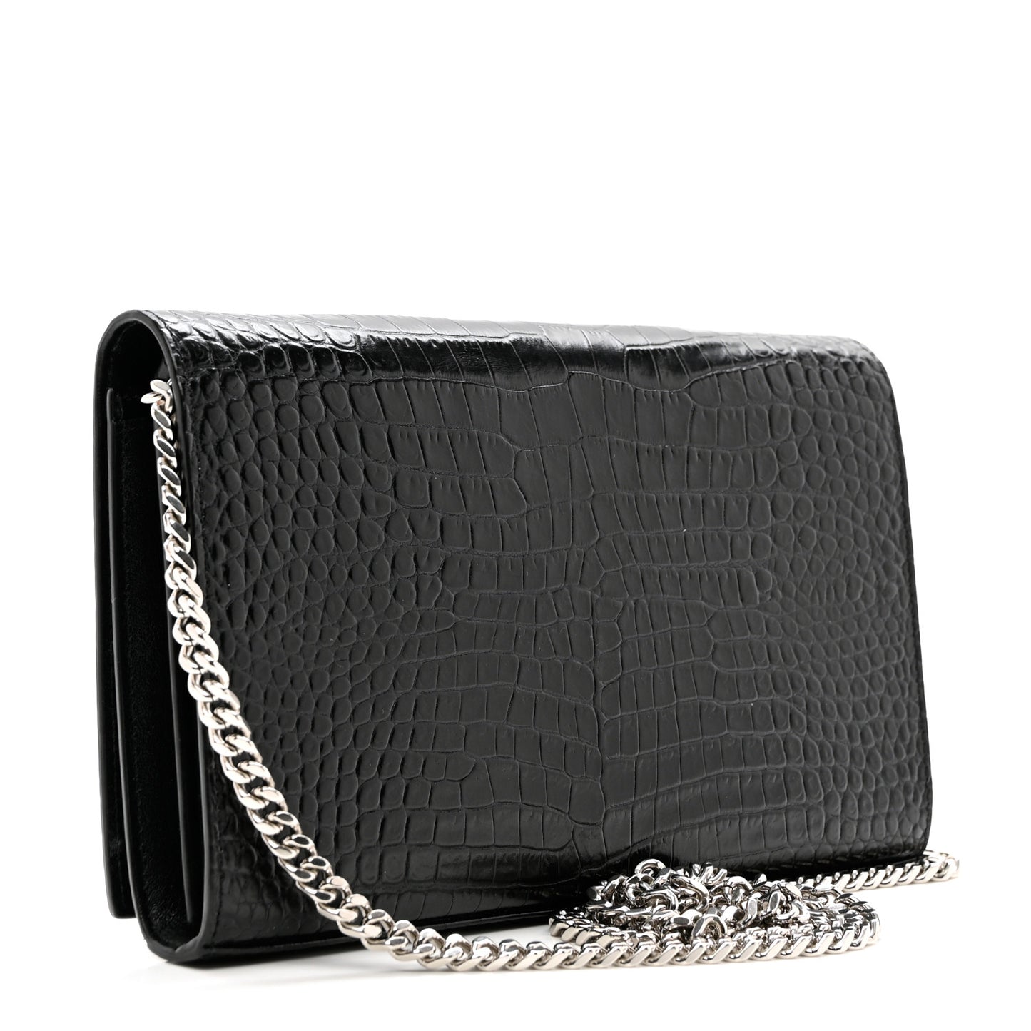 Calfskin Crocodile Embossed Monogram Chain Wallet Black
