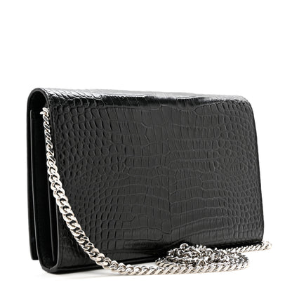 Saint Laurent Calfskin Crocodile Embossed Monogram Chain Wallet Black 3 of 7