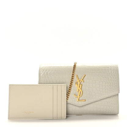 Saint Laurent Calfskin Crocodile Embossed Monogram Uptown Chain Wallet Crema Soft 3 of 9