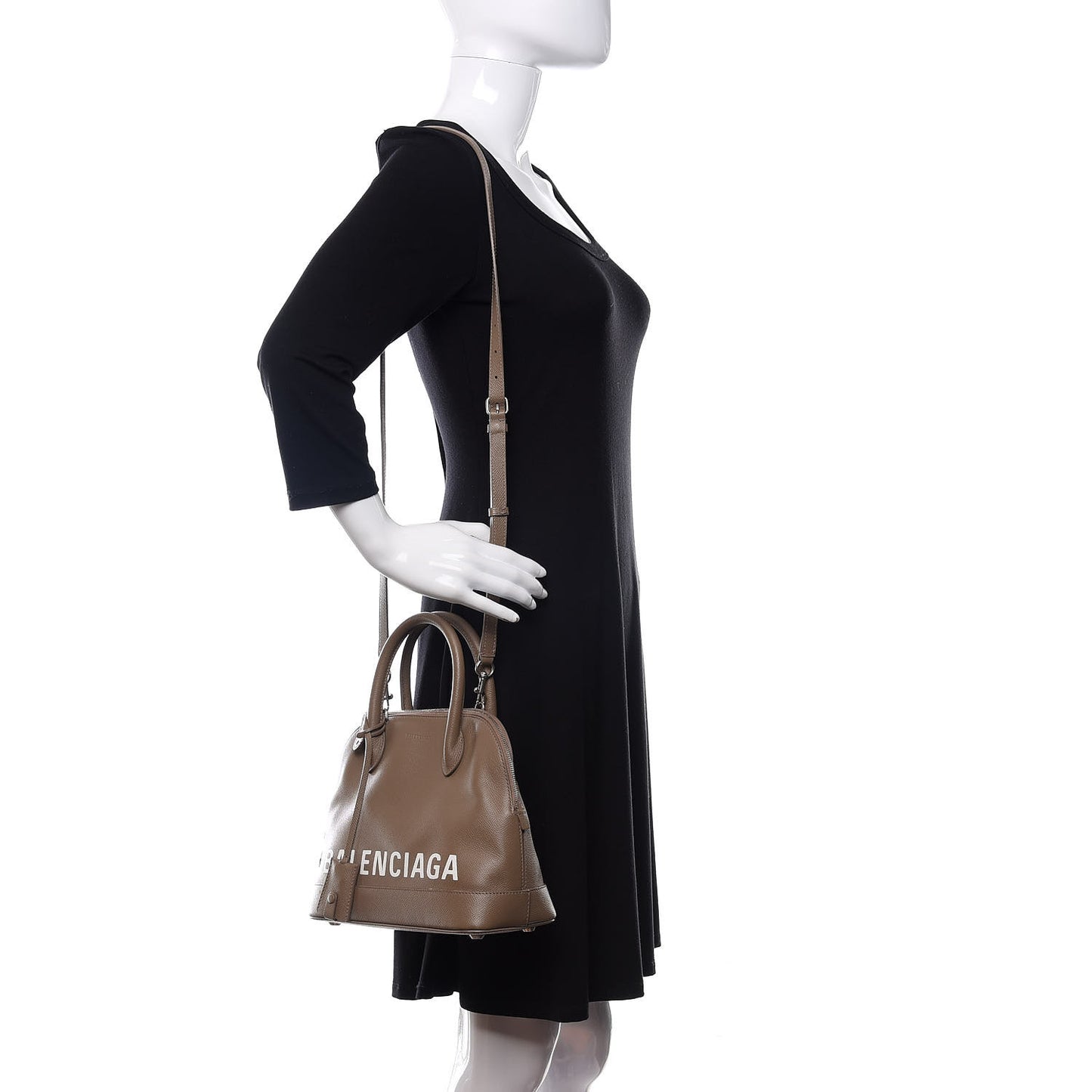 Signature Grained Calfskin Logo S Ville Top Handle Bag Mink Grey White