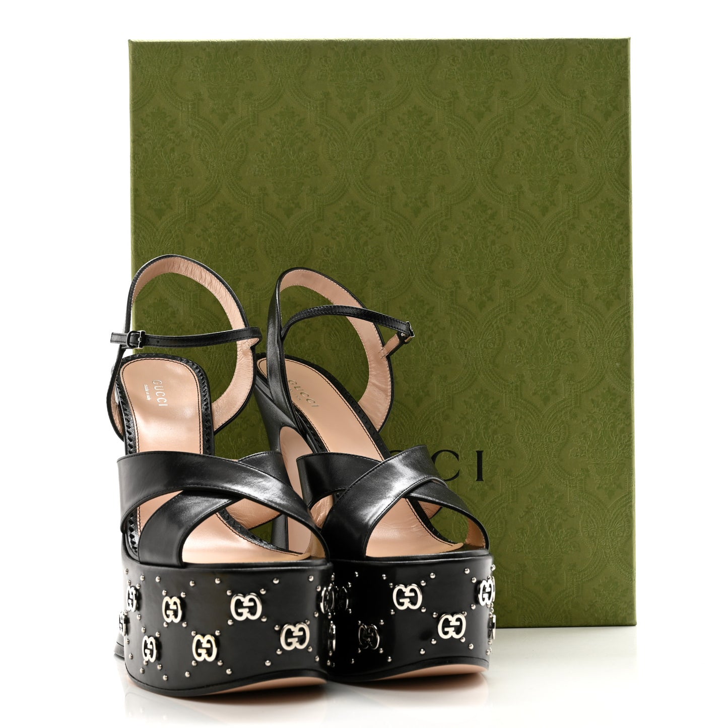 Malaga Kid Interlocking G Studs 155mm Platform Sandals 40 Perfect Black