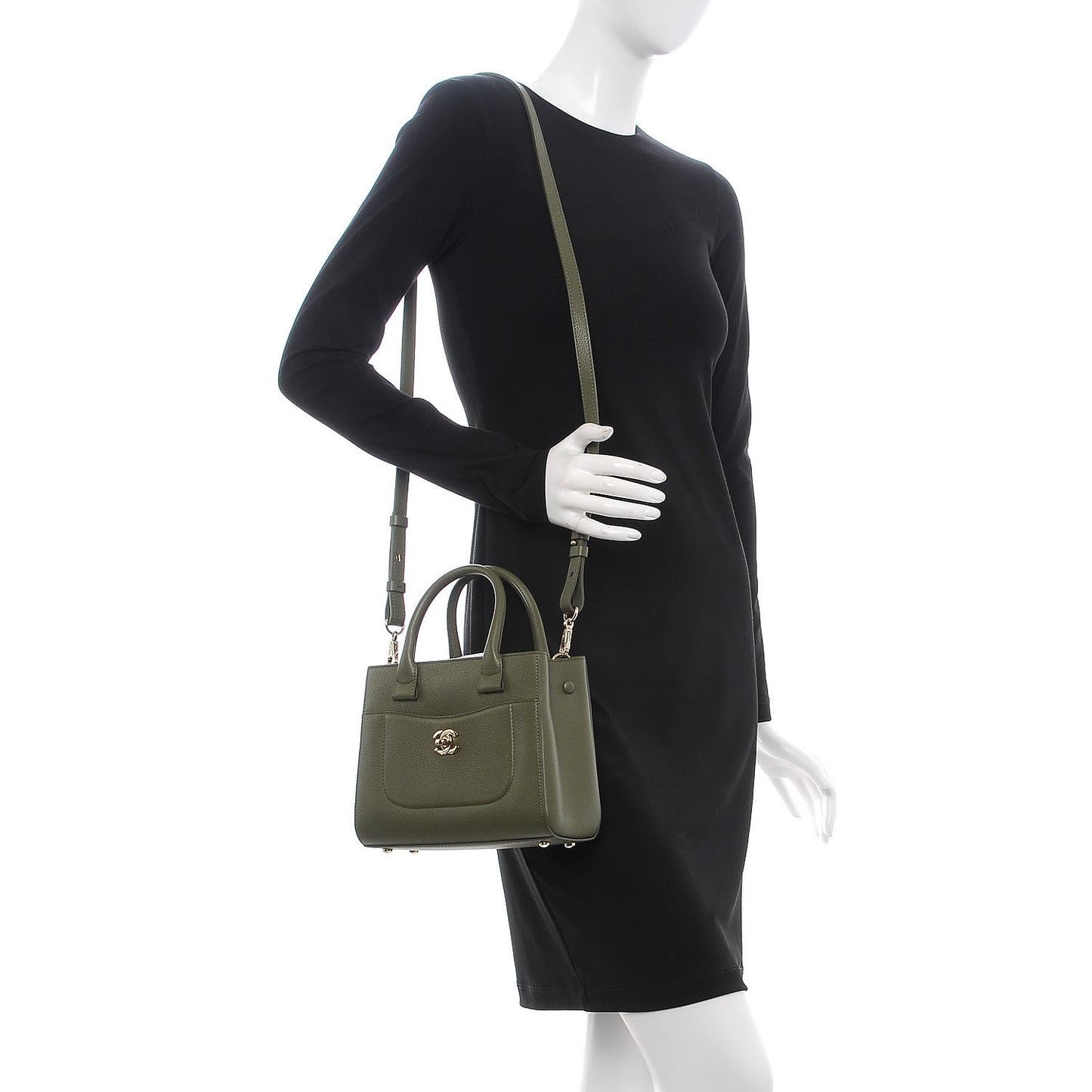 Grained Calfskin Mini Neo Executive Shopper Tote Khaki