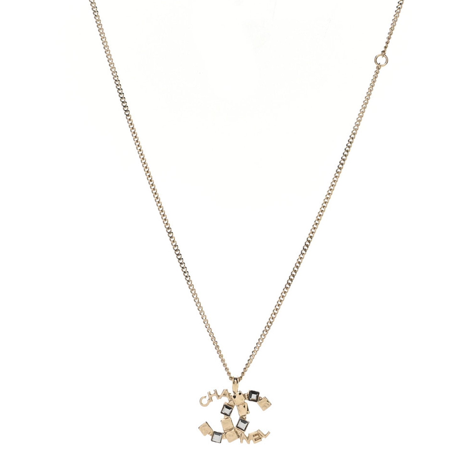 Chanel Baguette Crystal Logo CC Necklace Grey Gold 1 of 6