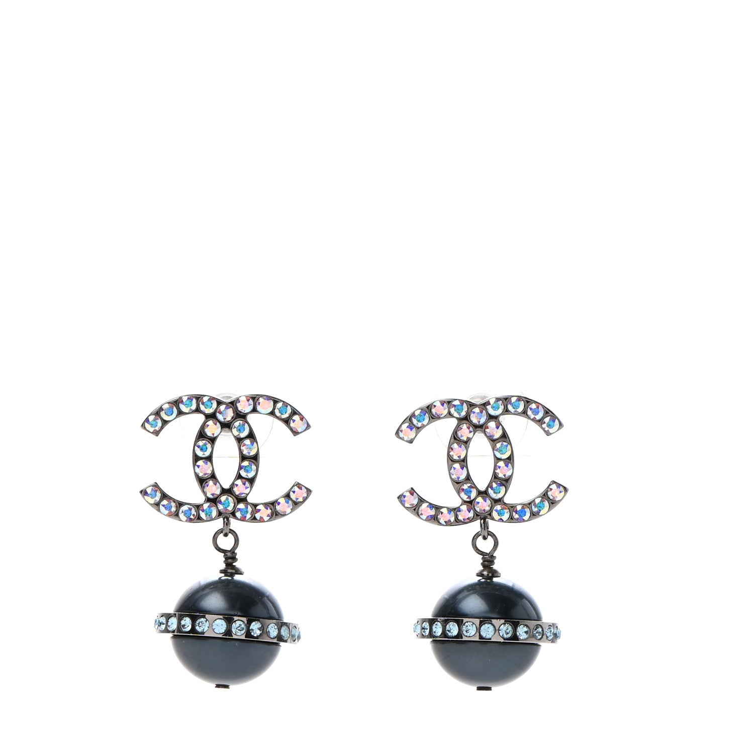 Chanel Iridescent Crystal Bead CC Drop Earrings Black 1 of 6