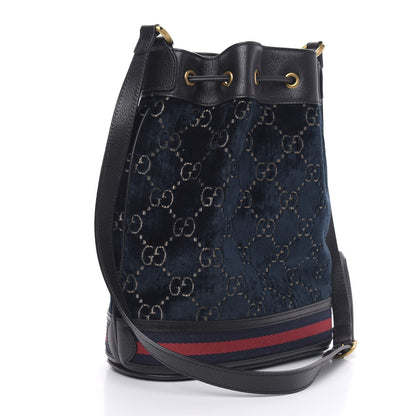 Gucci Velvet GG Monogram Web Bucket Bag Blue Beige 3 of 9