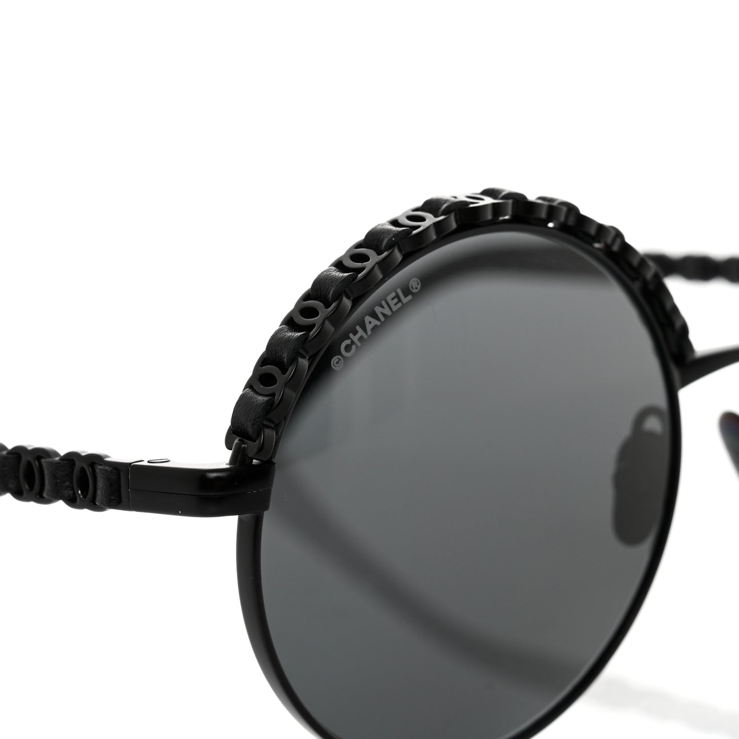 Metal Calfskin Round Chain Sunglasses 4265-Q Black