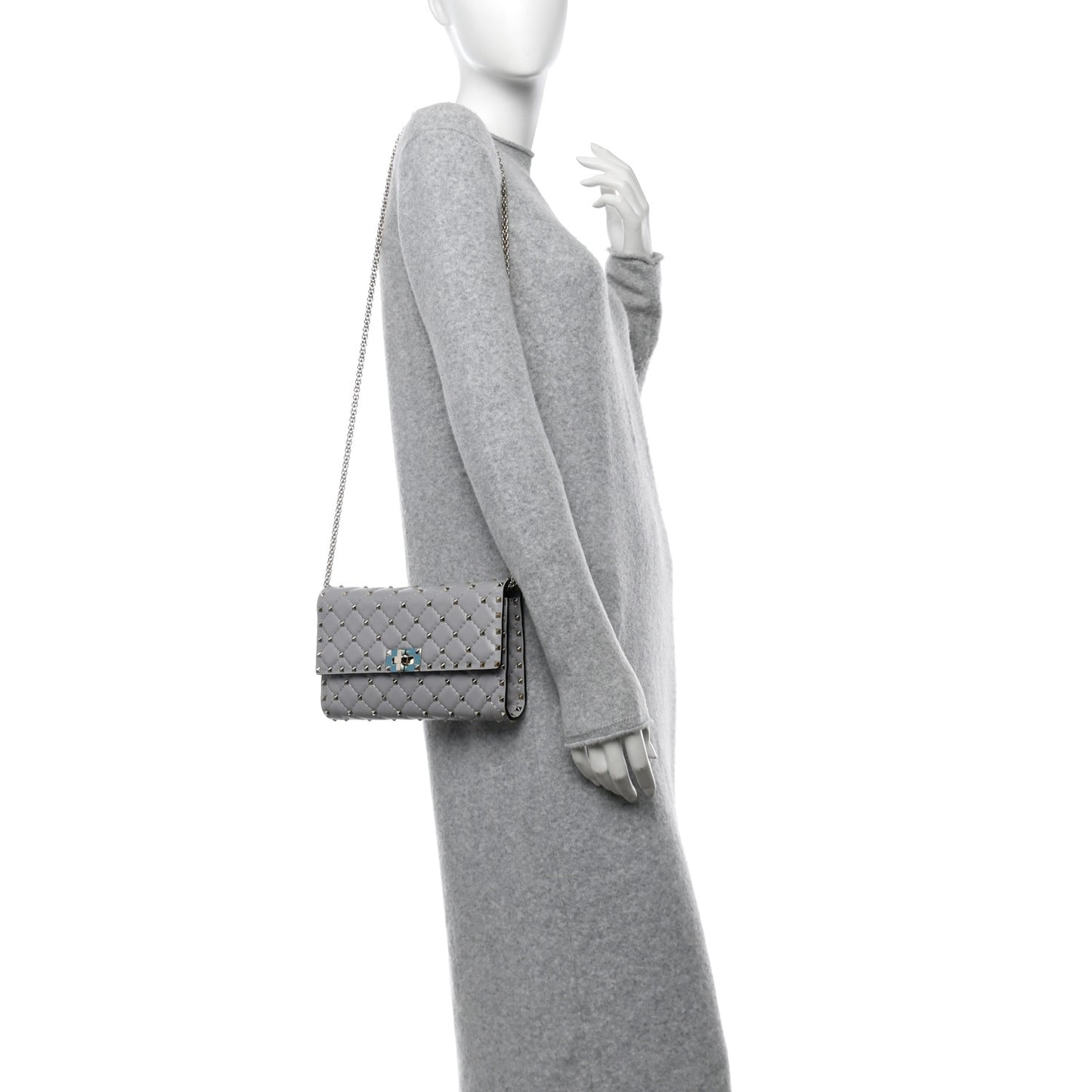 Lambskin Rockstud Spike Wallet on Chain Grey
