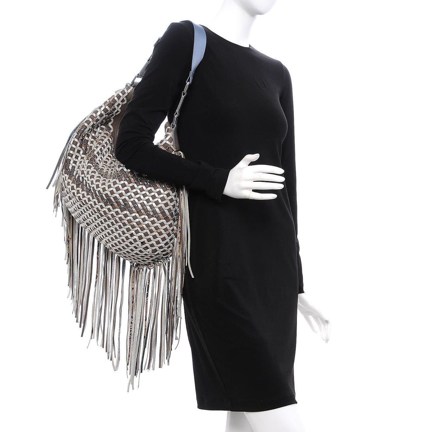 Calfskin Woven Large Boho Fringe Hobo Brown Grey