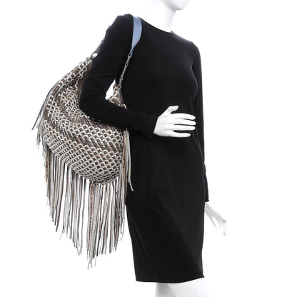 Marc Jacobs Calfskin Woven Large Boho Fringe Hobo Brown Grey 2 of 13