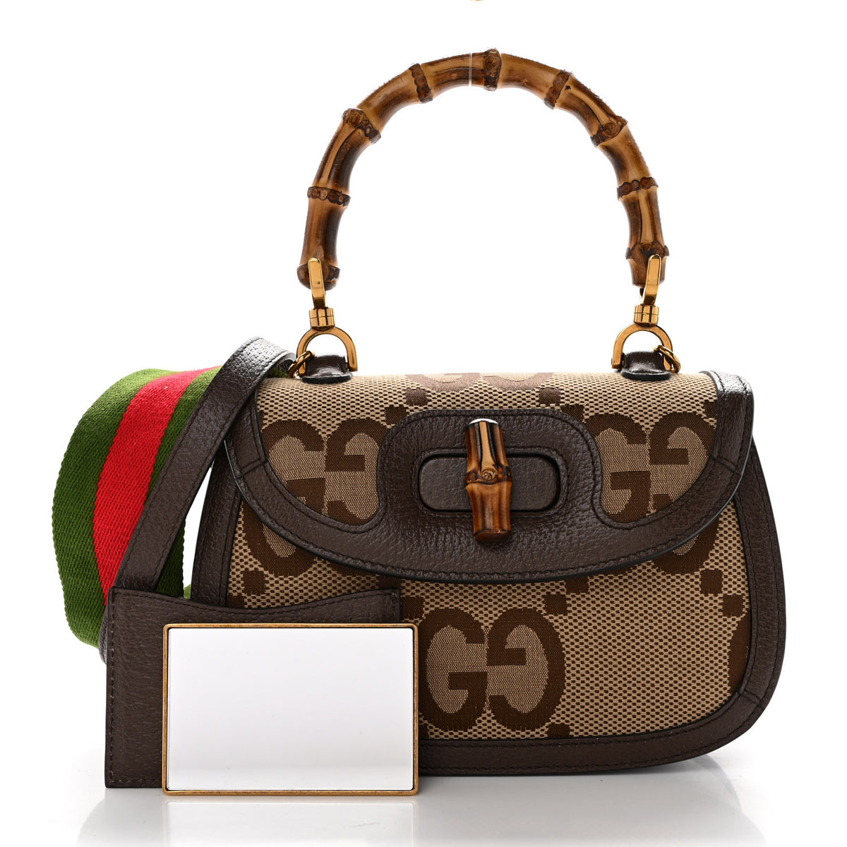 Monogram Jumbo GG Textured Dollar Calfskin Web Small Bamboo 1947 Top Handle Bag Camel Ebony New Acero