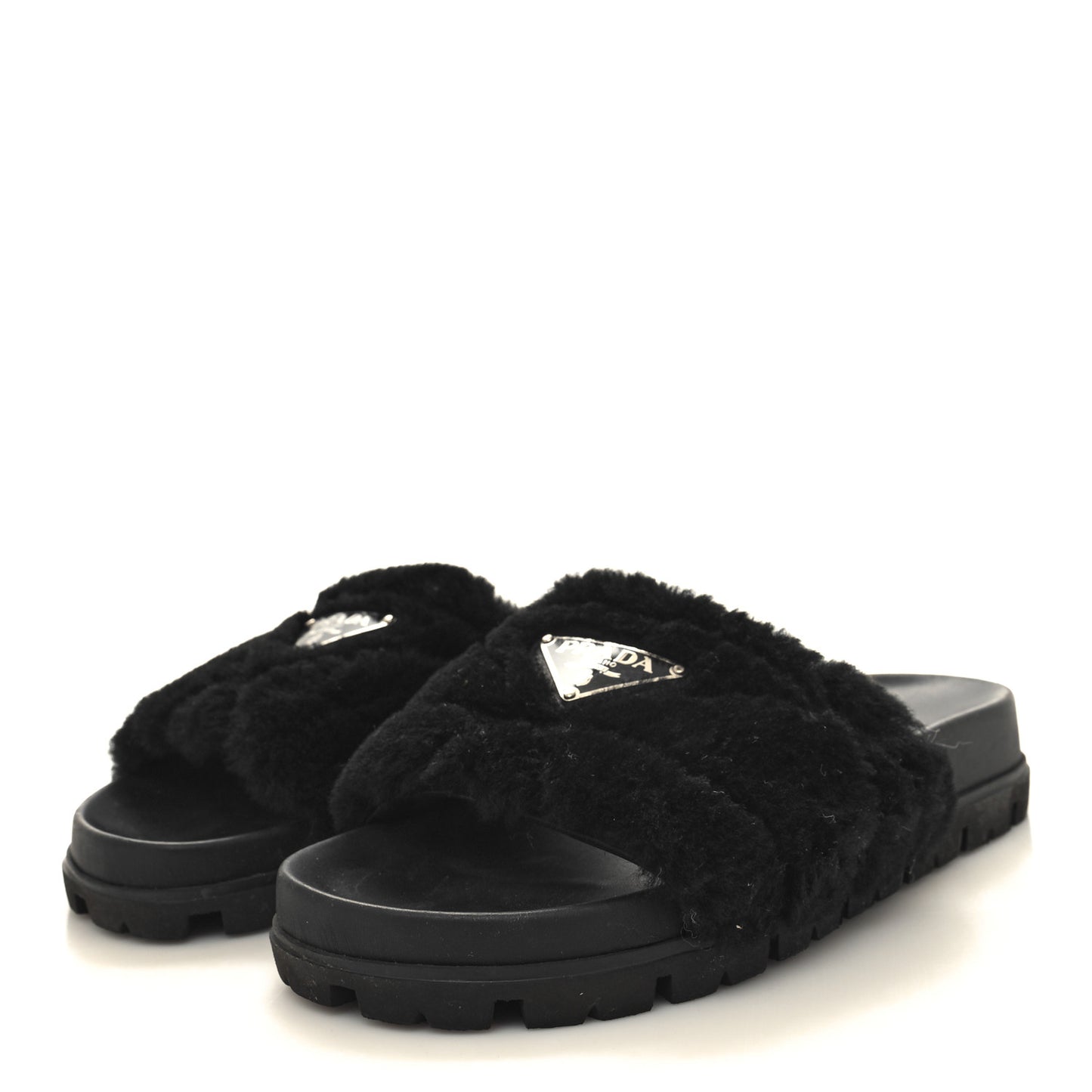 Shearling Metal Triangle Logo Lug Sole 20mm Slide Sandals 35 Black