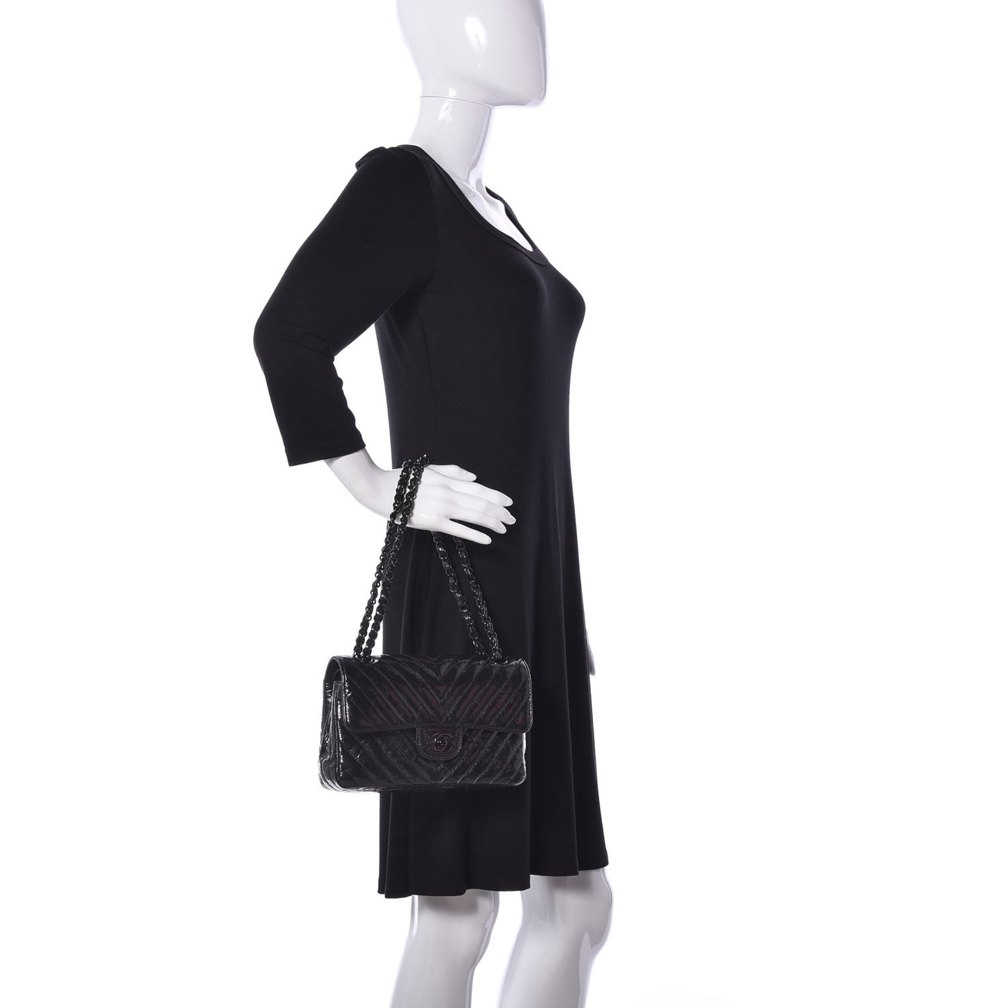 Patent Crumpled Calfskin Chevron Quilted Small Double Flap So Black