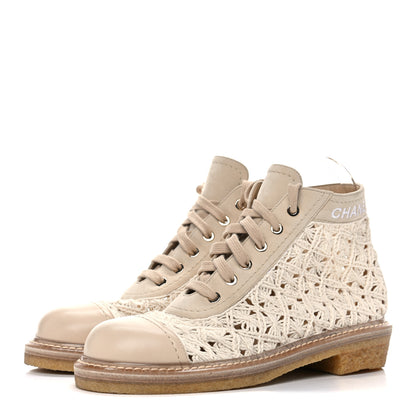 Chanel Crochet Calfskin Lace Up Boots 38 Beige 3 of 11