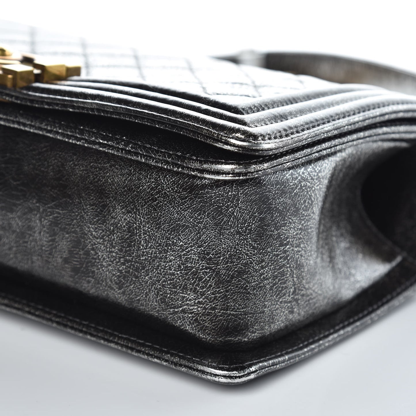 Cracked Metallic Calfskin Quilted Medium Boy Flap Dark Silver