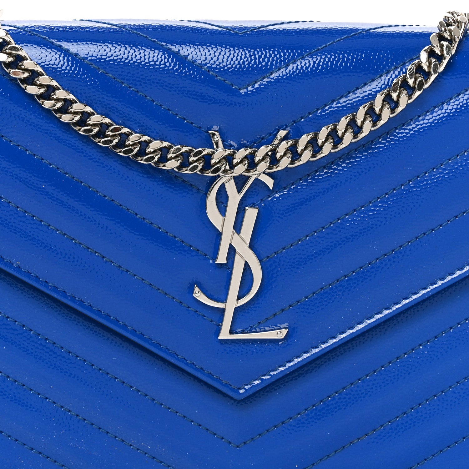 Saint Laurent Patent Grain De Poudre Matelasse Chevron Monogram Chain Wallet Blue Majorelle 8 of 11