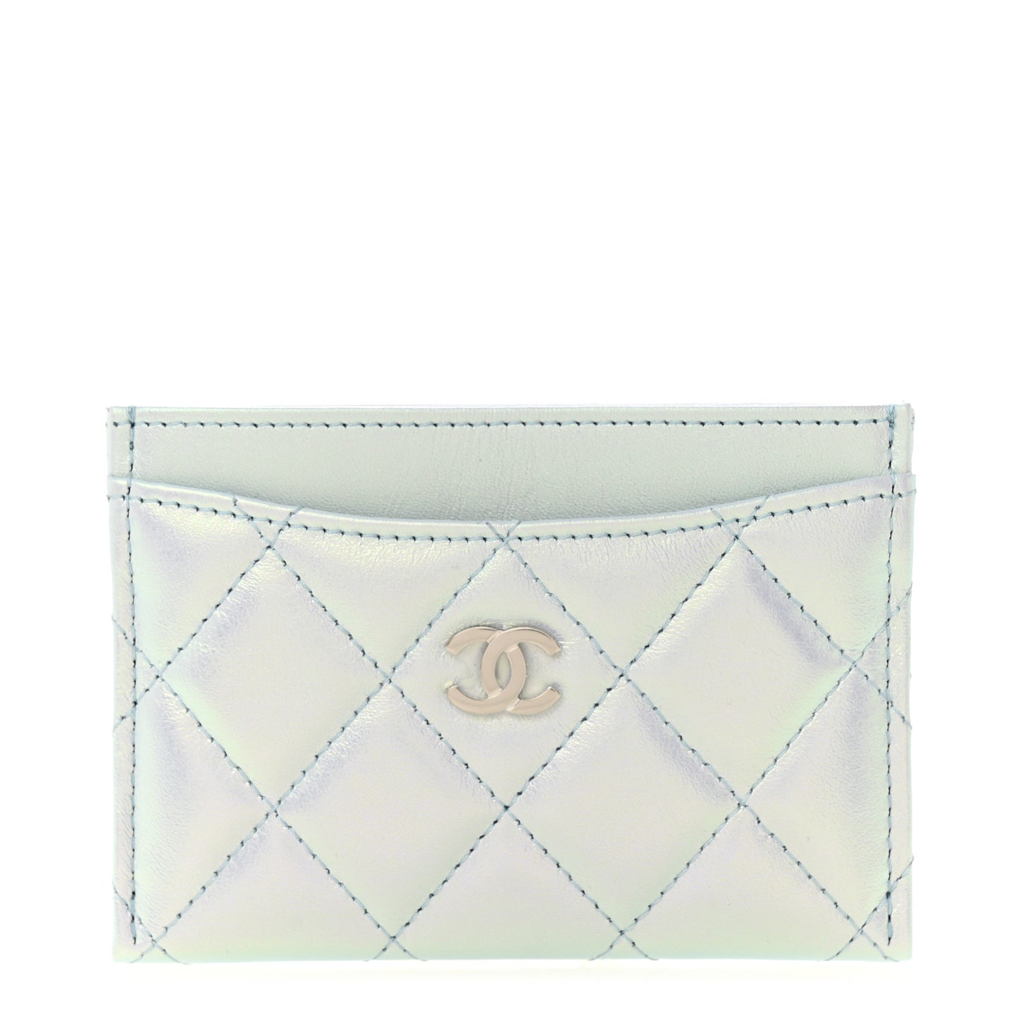Iridescent Lambskin Quilted Card Holder Light Blue