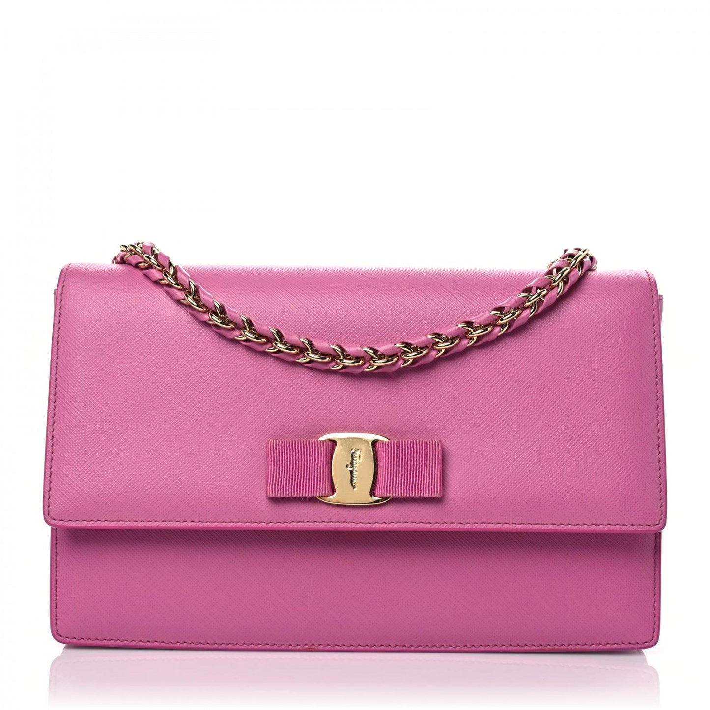 Printed Calfskin Vara Bow Chain Flap Crossbody Fuchsia
