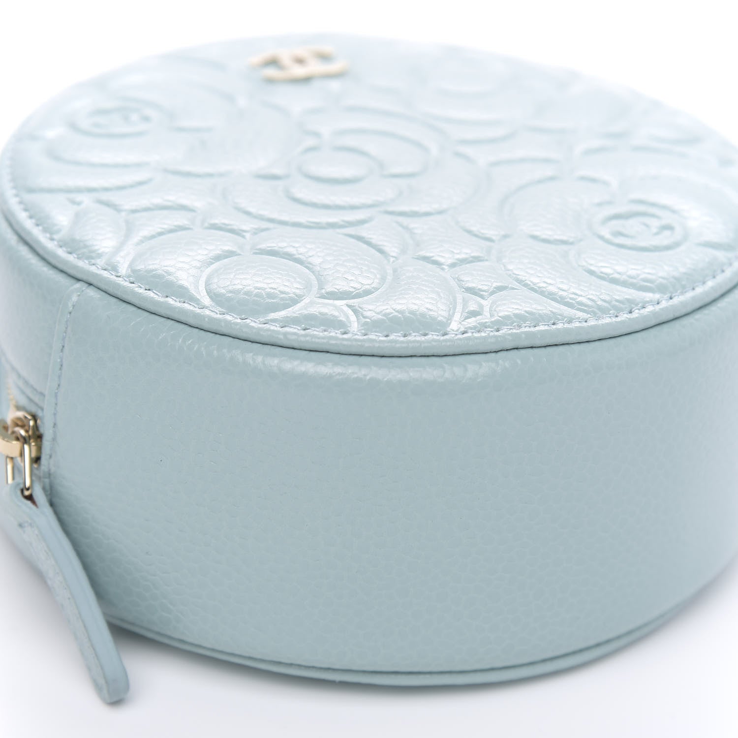 Chanel Caviar Camellia Embossed Round Clutch With Chain Light Blue 8 of 10