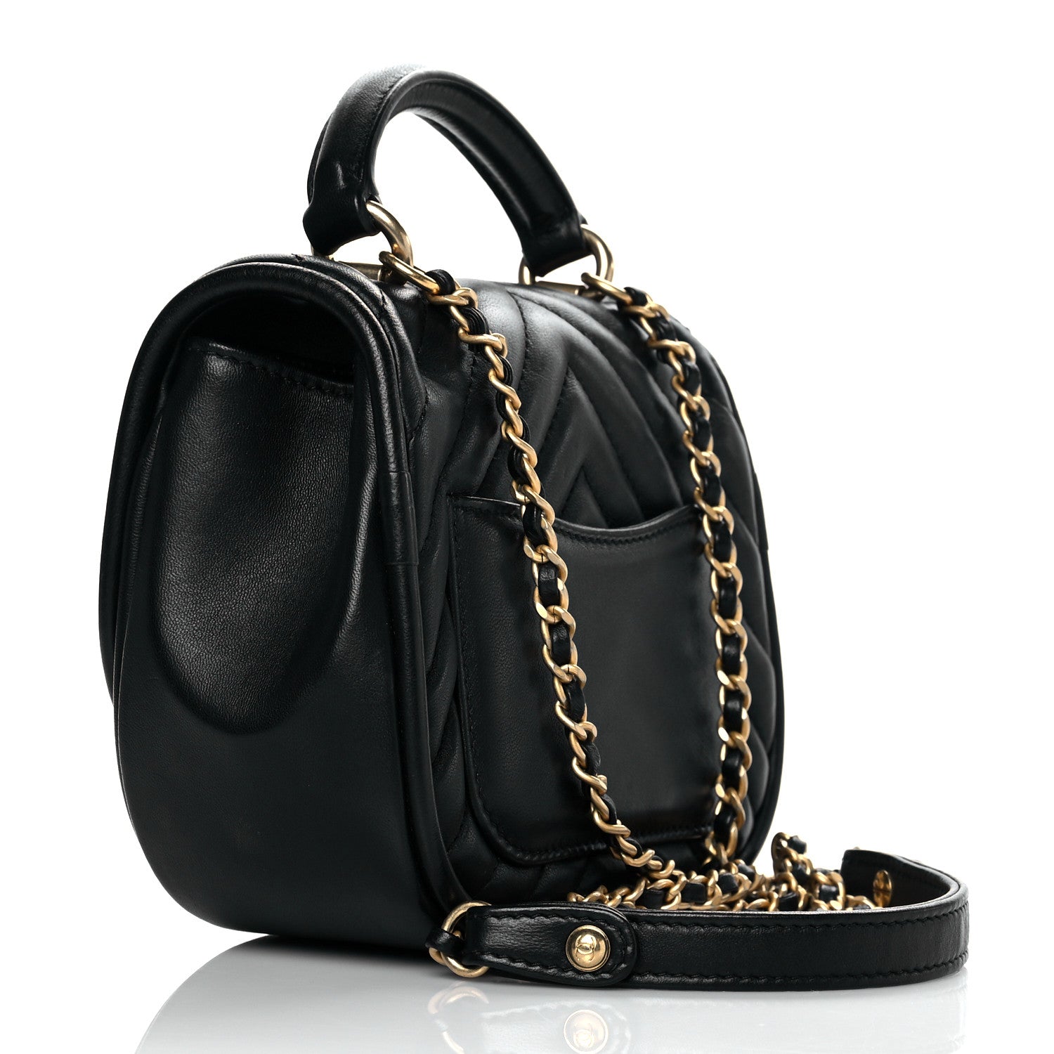 Chanel Lambskin Reverse Chevron Quilted Mini Round Top Handle Flap Black 3 of 10