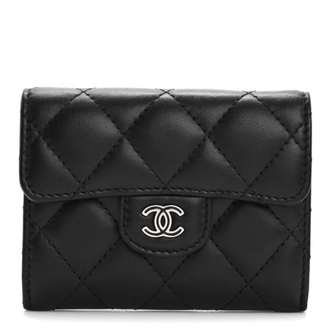 Lambskin Quilted Flap Card Holder Wallet Black