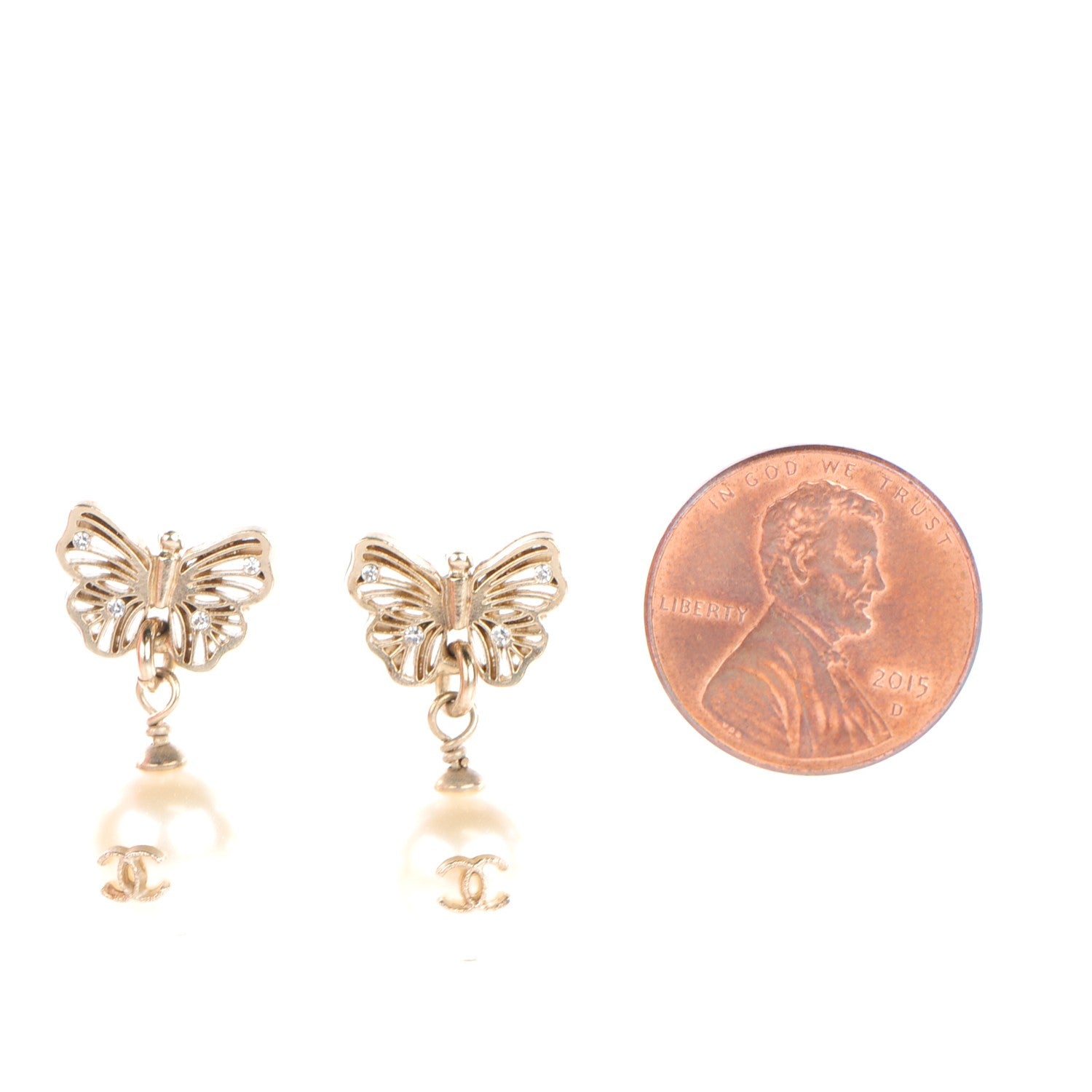 Chanel Pearl Crystal CC Butterfly Drop Earrings Gold 2 of 6