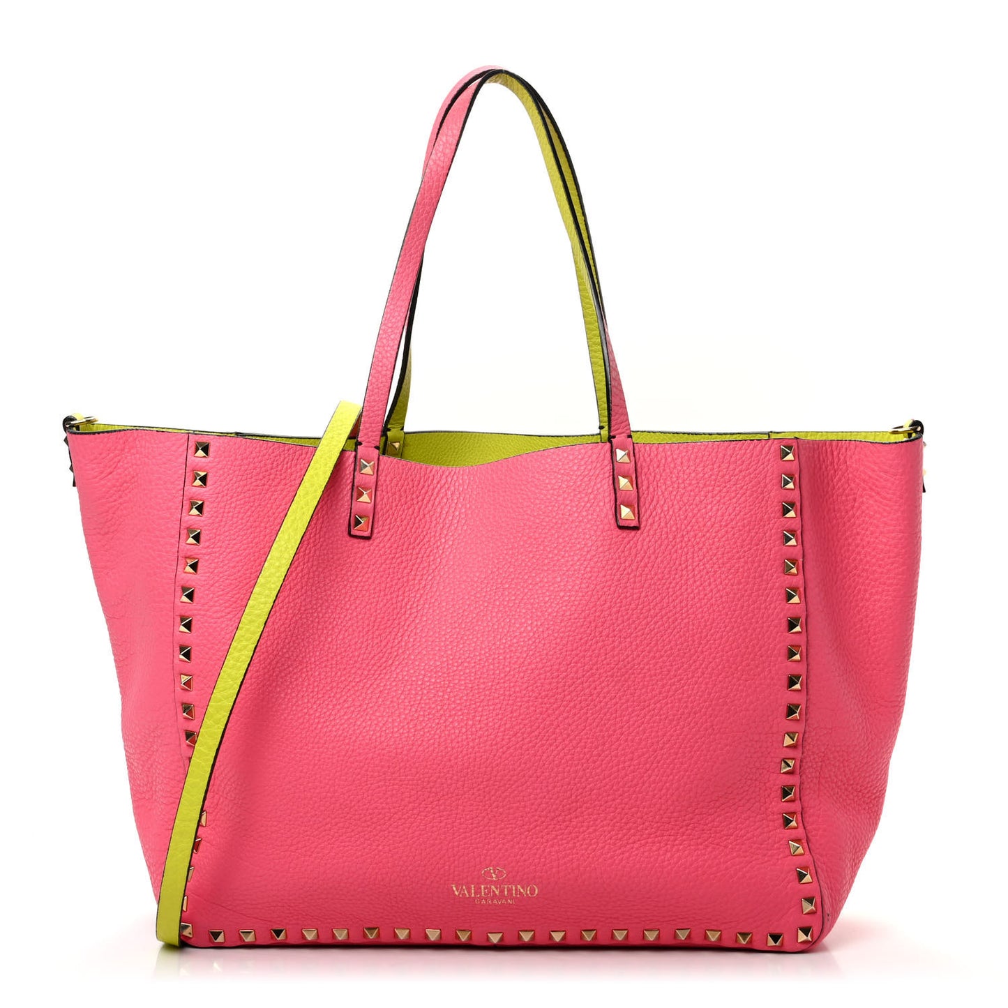 Grained Calfskin Large Rockstud Reversible Tote Pink Yellow