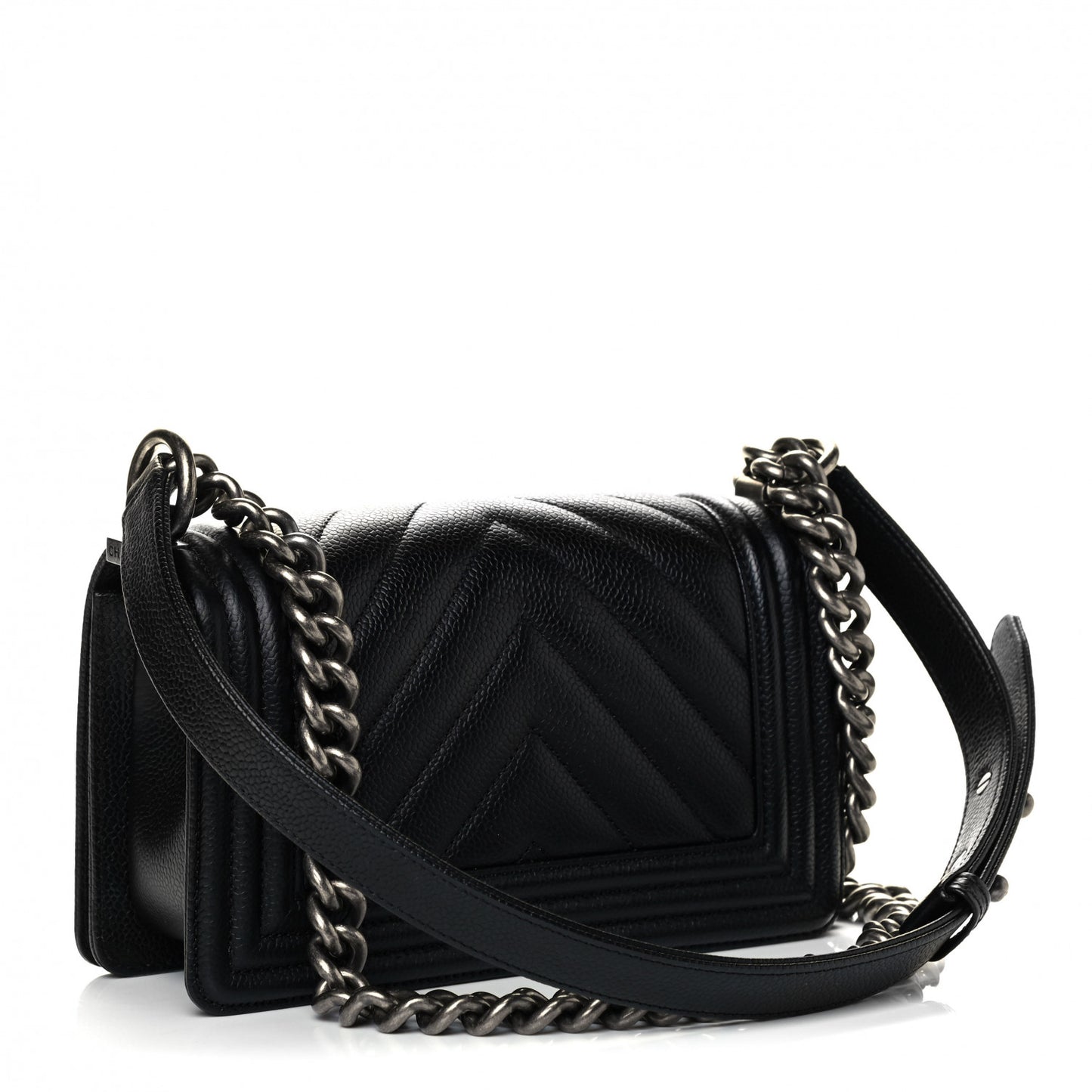Caviar Chevron Quilted Small Boy Flap Black