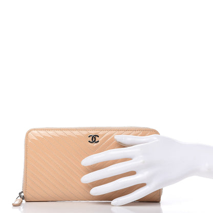 Chanel Patent Chevron Quilted Zip Around Wallet Beige 2 of 12