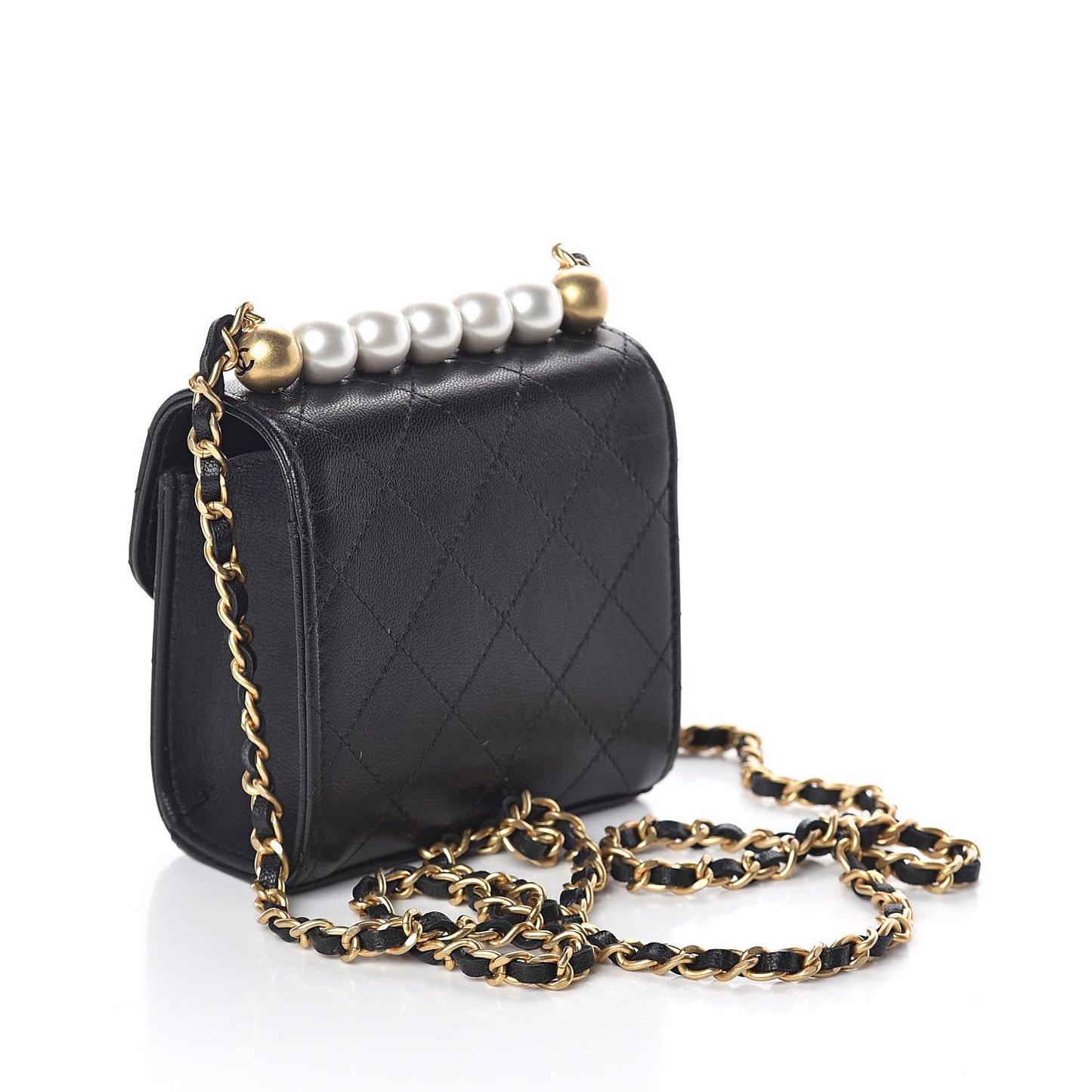 Goatskin Chic Pearls Clutch On Chain Black