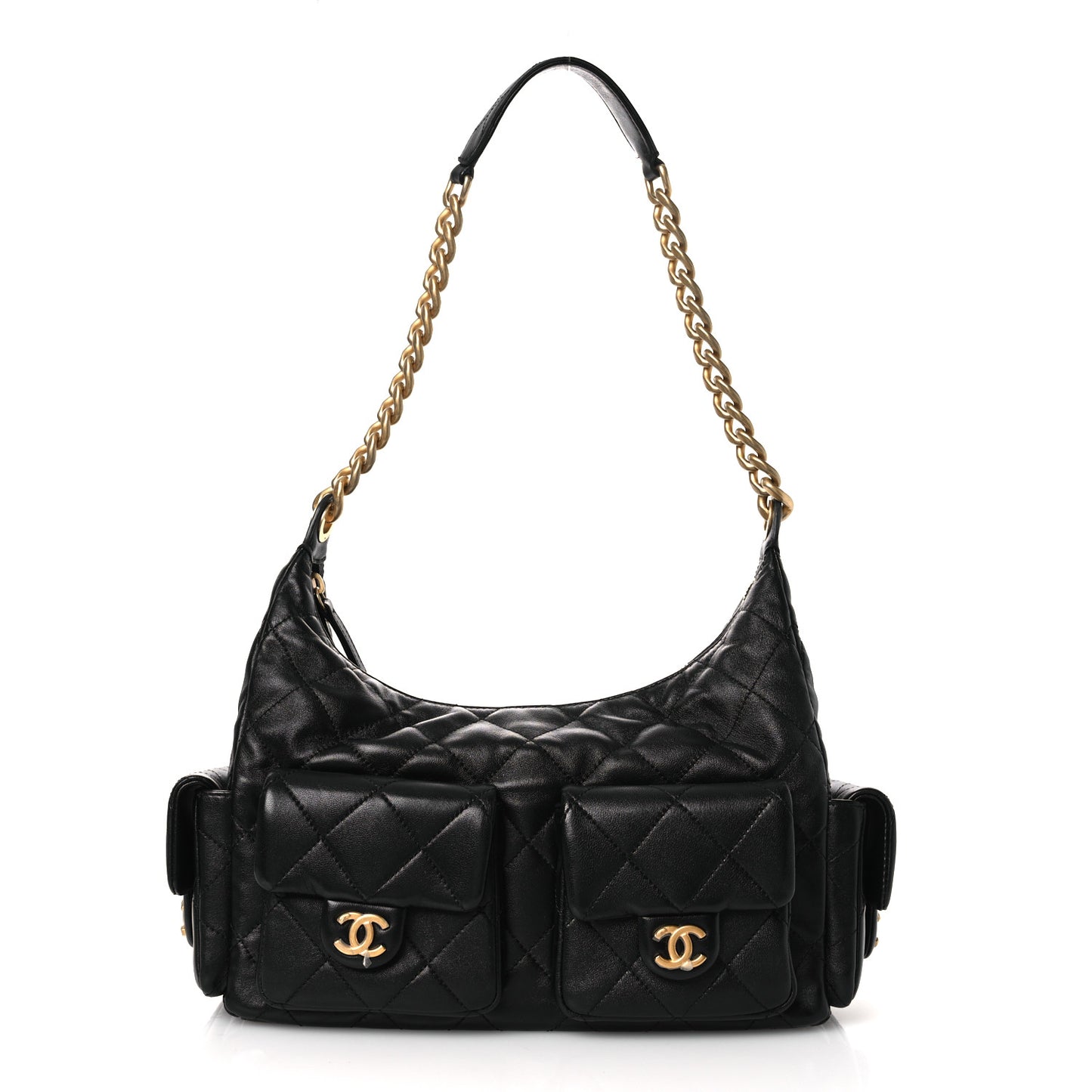 Shiny Lambskin Quilted Trendy Pockets Hobo Black