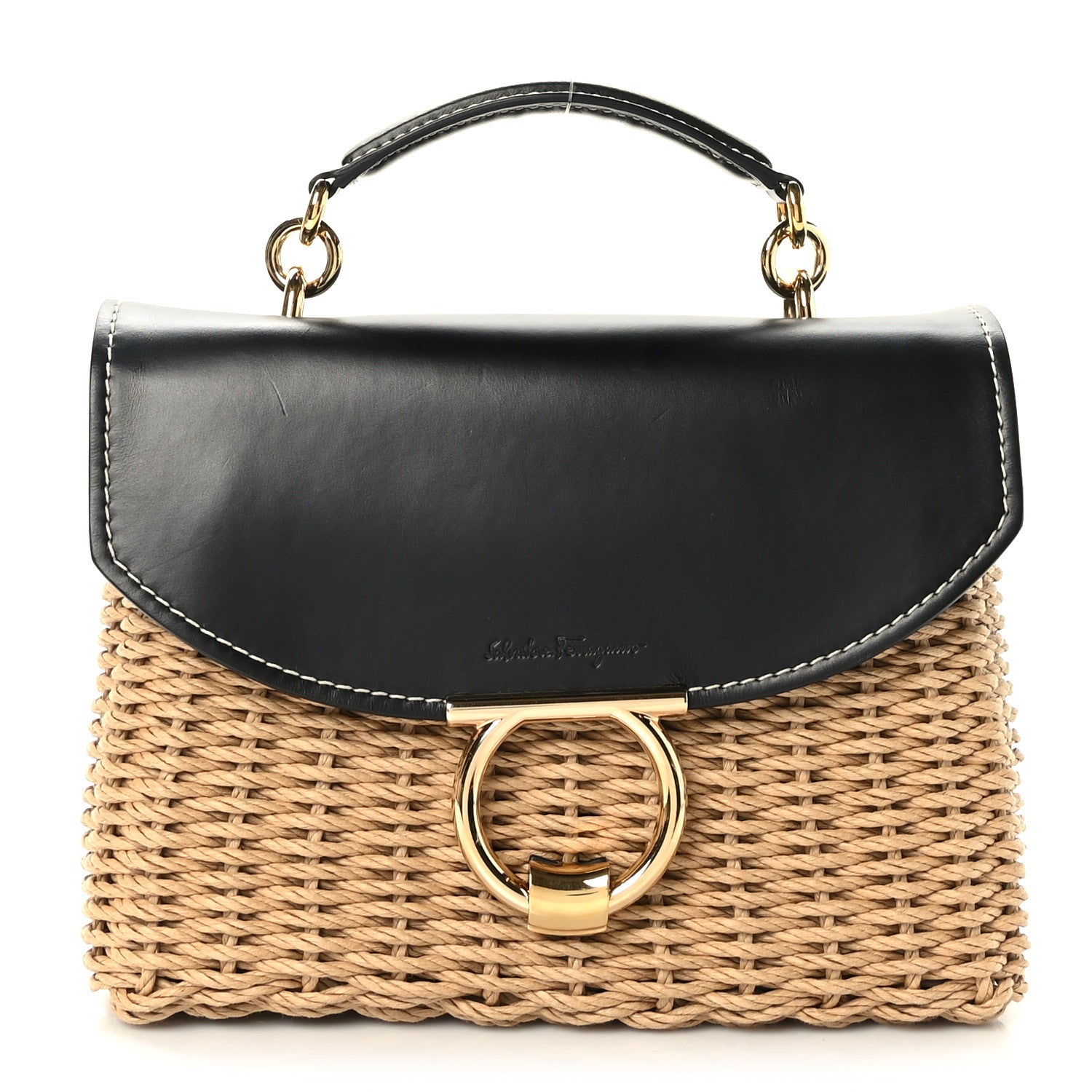 Salvatore Ferragamo Calfskin Wicker Margot Top Handle Satchel Black 1 of 8