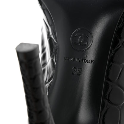 Chanel Crocodile Embossed Patent Calfskin Pumps 38 Black 7 of 11