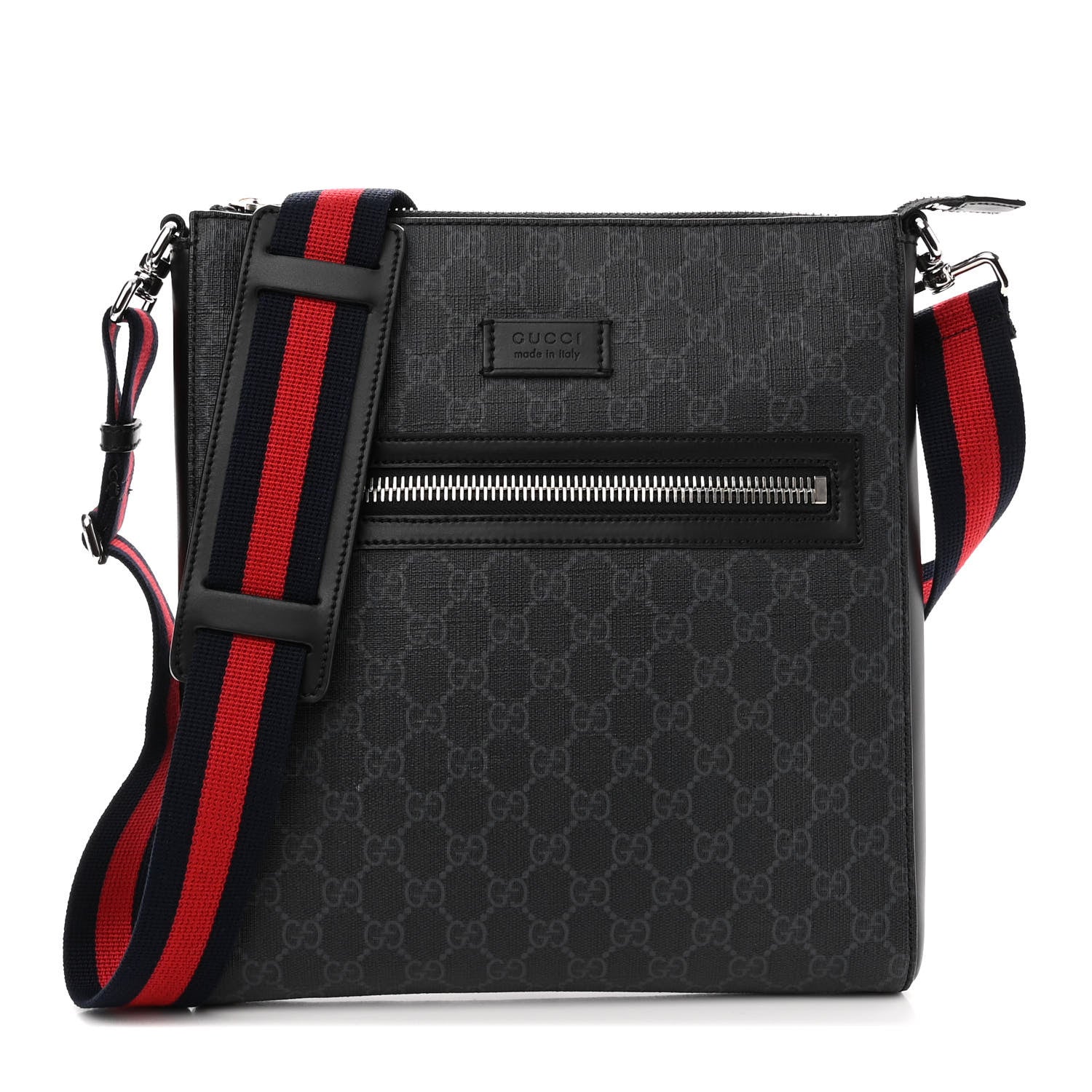 Gucci GG Supreme Monogram Appia Calfskin Web Flat Messenger Bag Black Grey 1 of 10