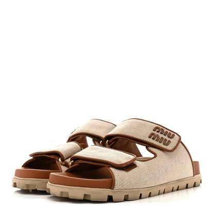 Miu Miu Canvas Logo Slide Sandals 38 Beige Brandy 4 of 10