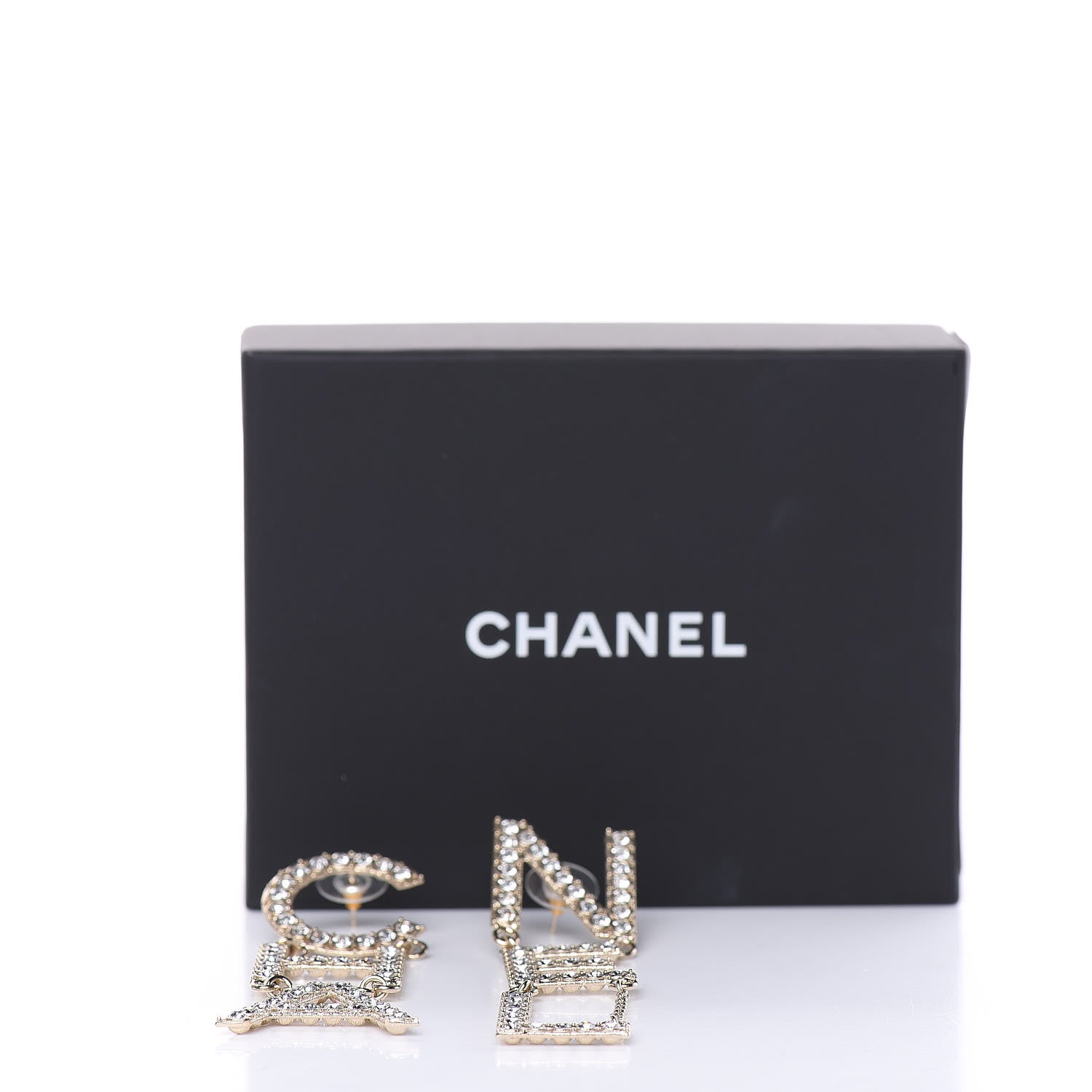 Chanel Crystal Cha-Nel Logo Drop Earrings Gold 5 of 5