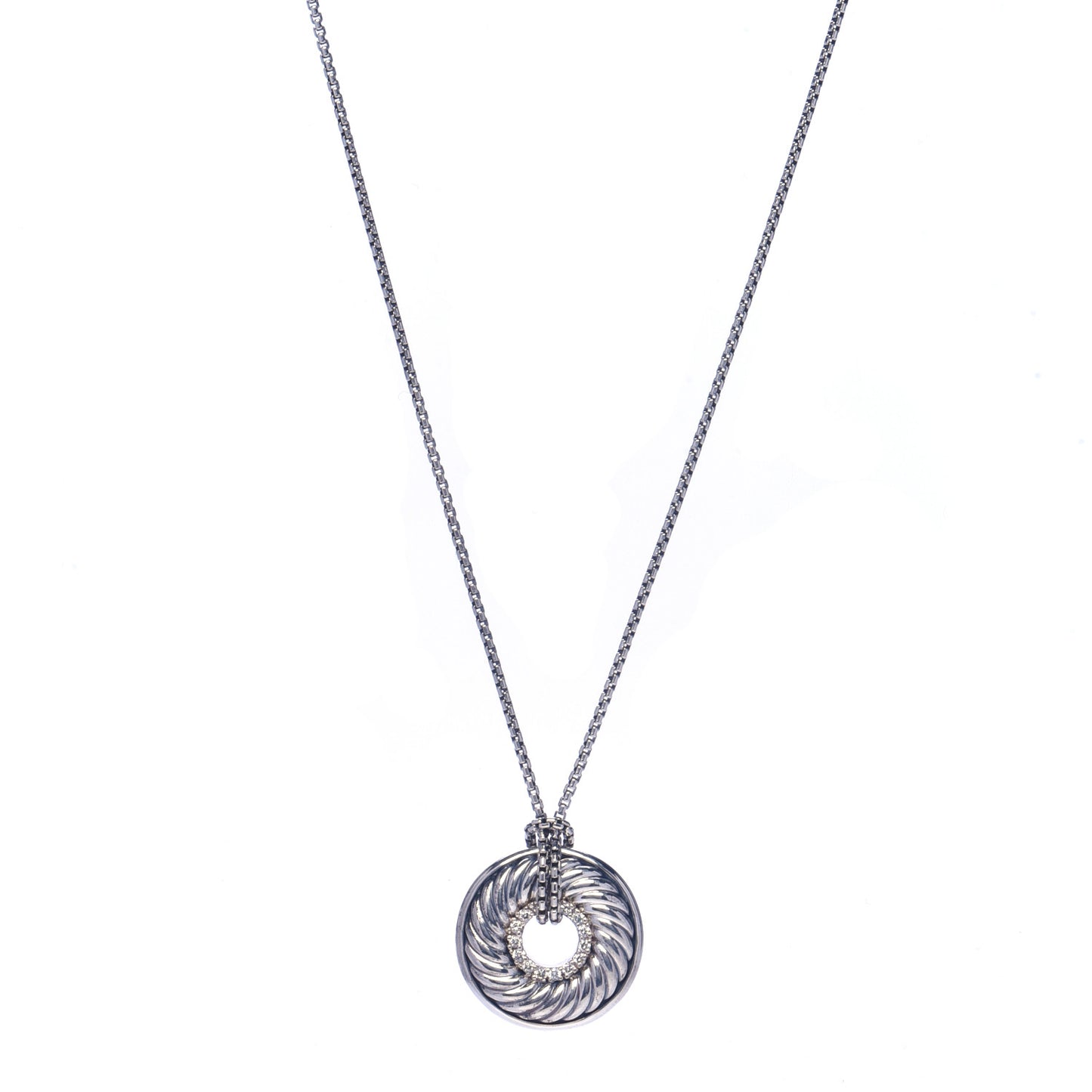 Sterling Silver Diamond Sculpted Cable Disc Necklace
