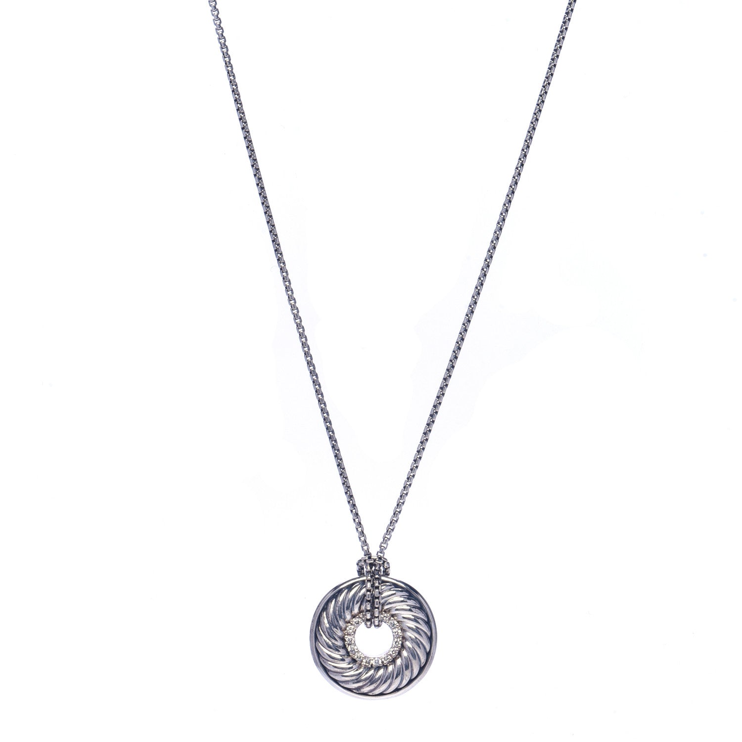 David Yurman Sterling Silver Diamond Sculpted Cable Disc Necklace 1 of 6